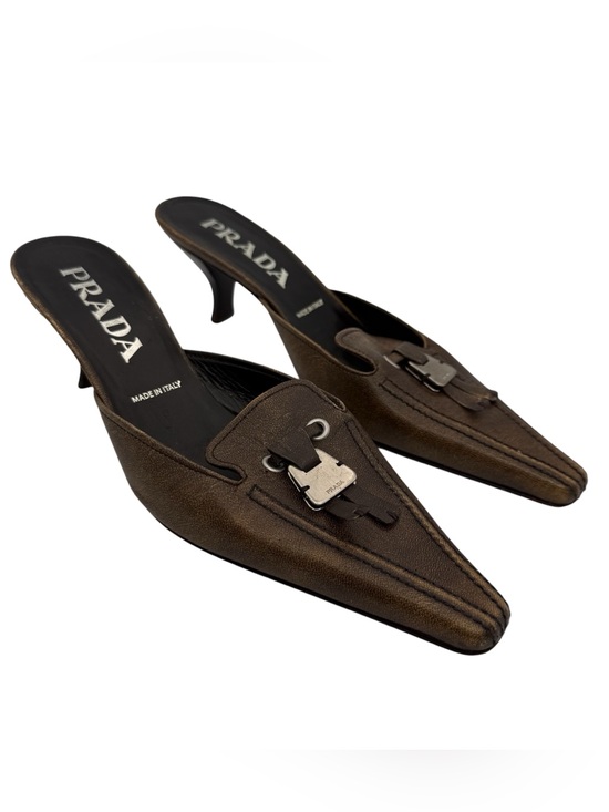 Prada Shoes - Vintage Prada Bronze Brown Leather Kitten Heel Mule Slides Sz 35.5 Made in Italy